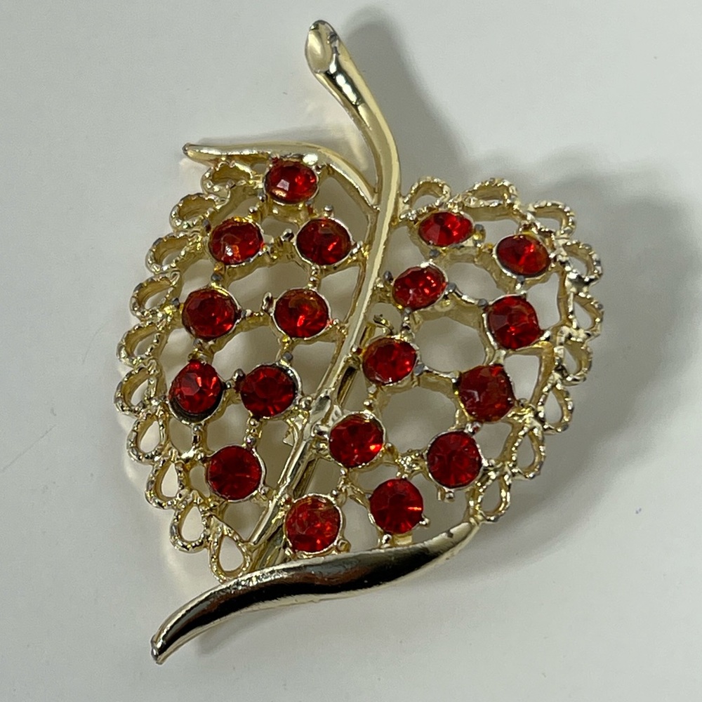 Vintage Gold Tone Red Rhinestone Leaf Brooch